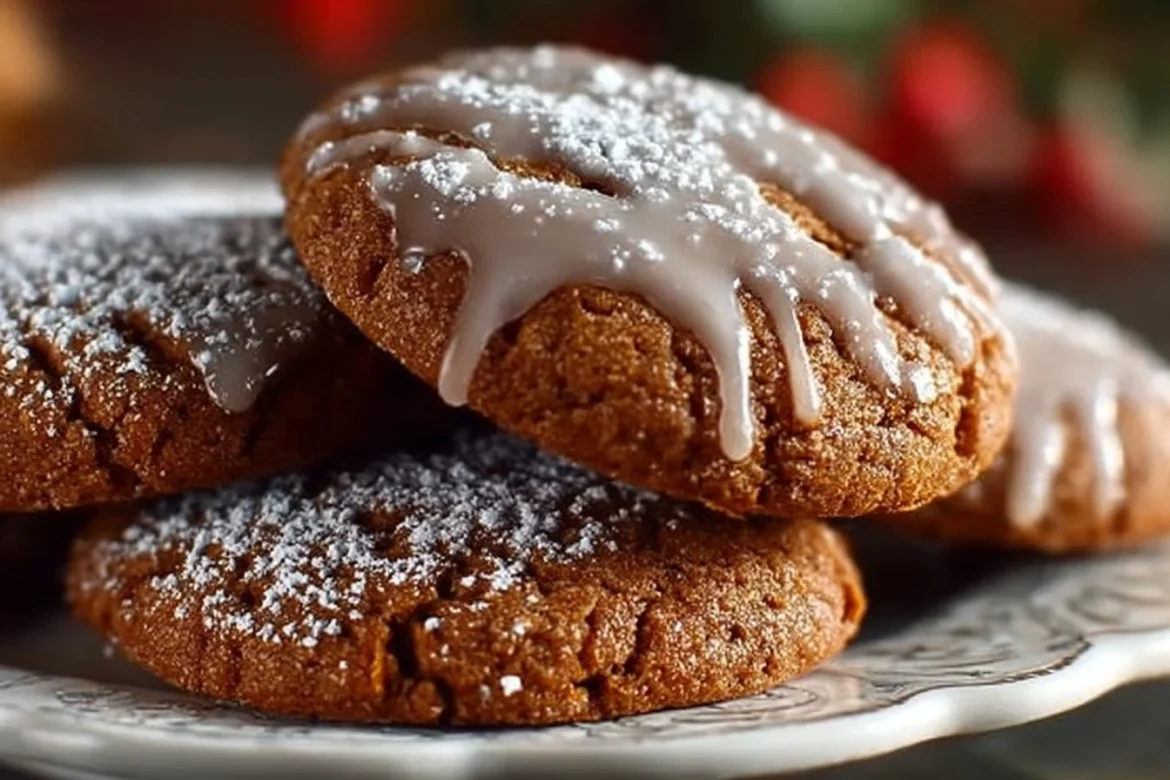 Plate of traditional German gingerbread cookies decorated with icing.