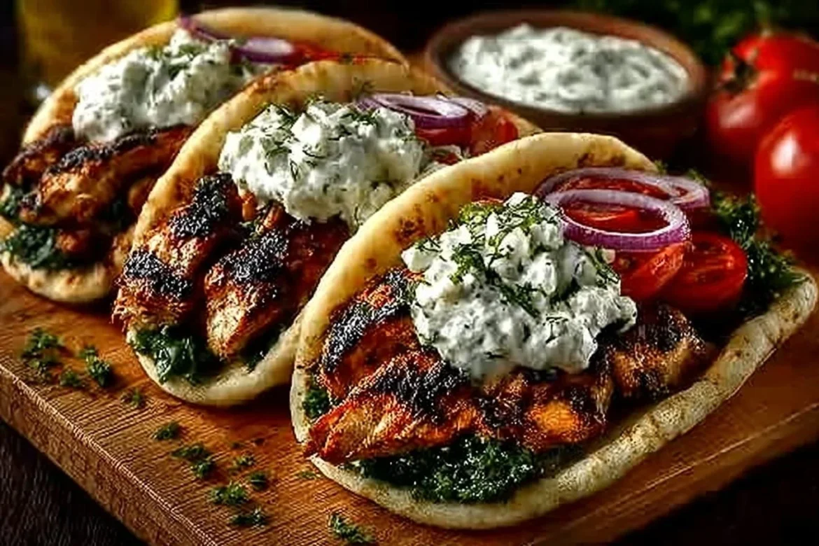 Greek-style chicken gyros with homemade tzatziki sauce served on a plate