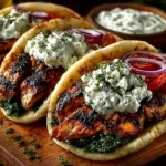 Greek-style chicken gyros with homemade tzatziki sauce served on a plate