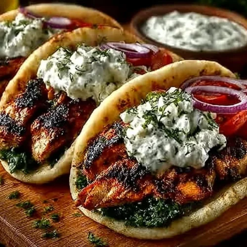 Greek-style chicken gyros with homemade tzatziki sauce served on a plate