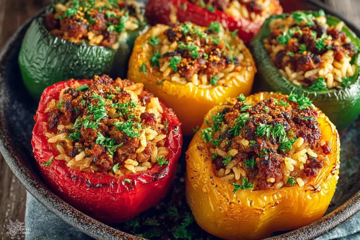 Greek style stuffed peppers filled with rice, herbs, and spices.
