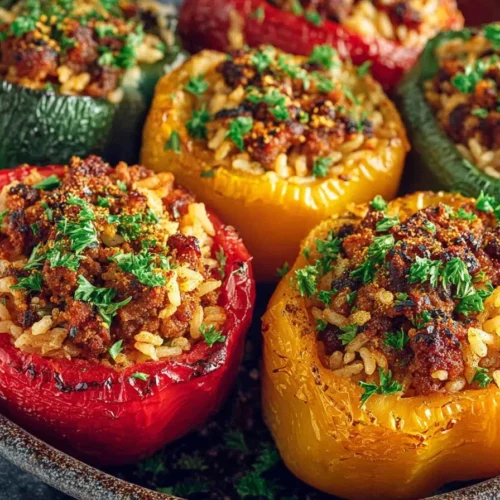 Greek style stuffed peppers filled with rice, herbs, and spices.