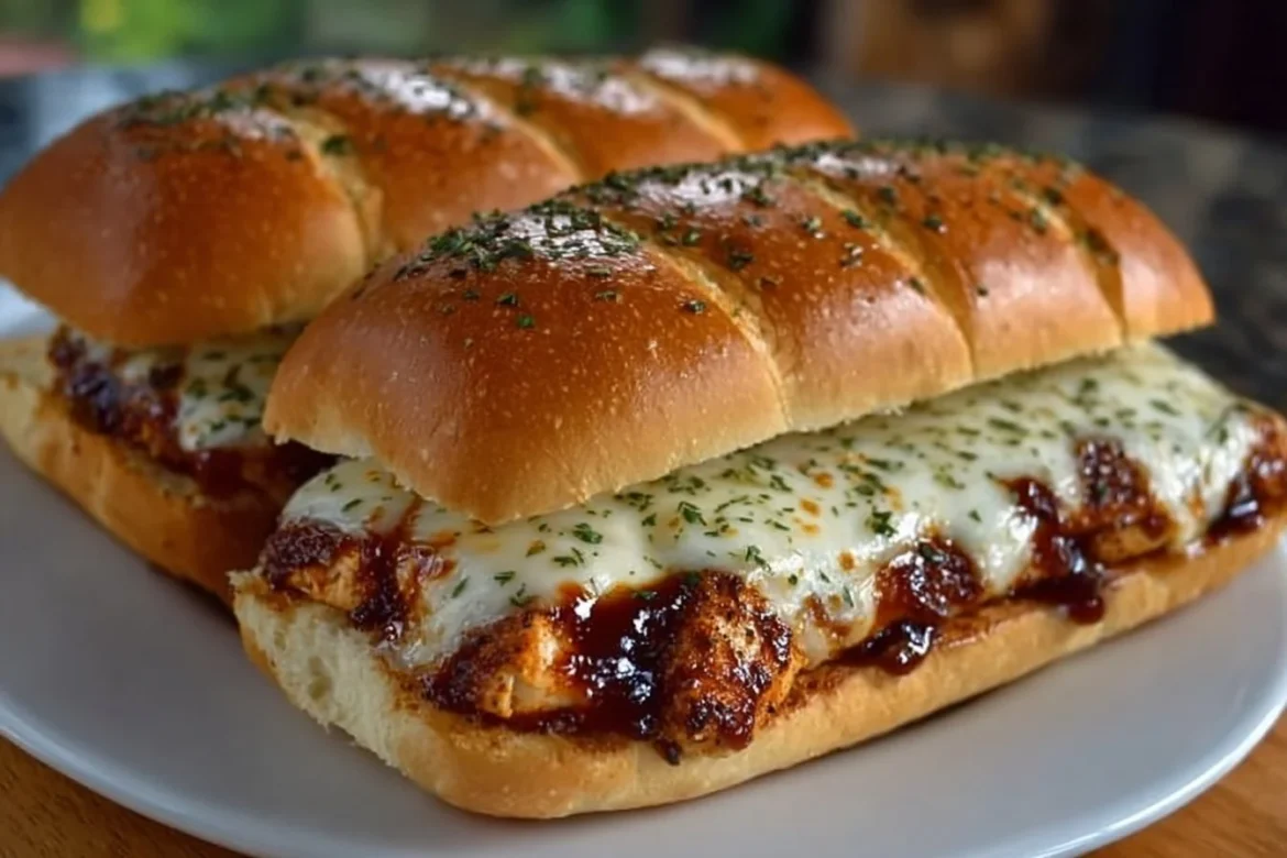 Grilled mozzarella BBQ chicken sandwich topped with fresh herbs