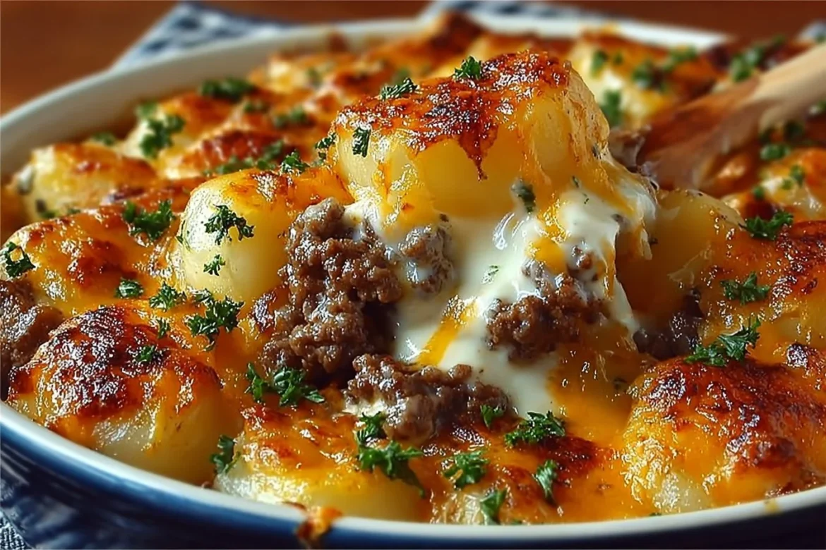 Ground beef casserole with potatoes served in a baking dish