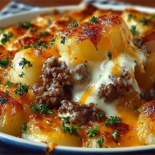 Ground beef casserole with potatoes served in a baking dish