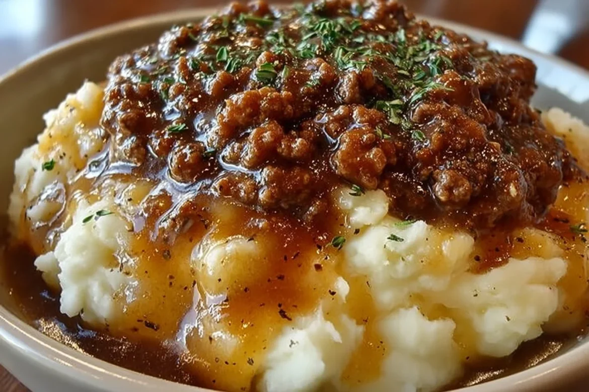 Ground beef and gravy served over mashed potatoes in a cozy dinner setting