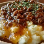 Ground beef and gravy served over mashed potatoes in a cozy dinner setting