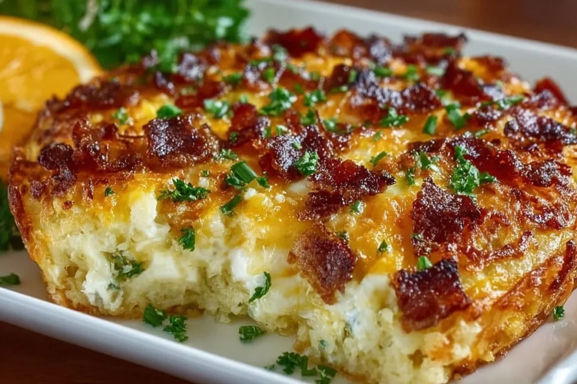 Delicious hash brown breakfast casserole topped with cheese and herbs