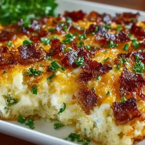 Delicious hash brown breakfast casserole topped with cheese and herbs