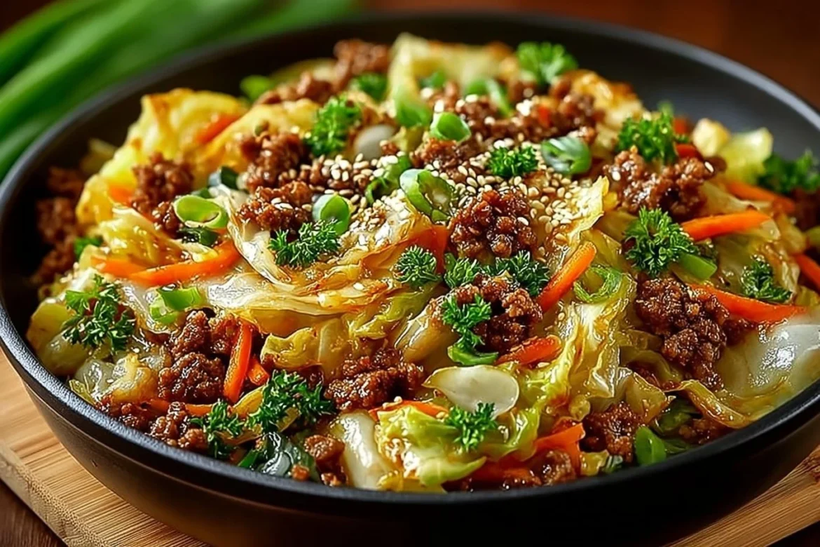 Healthy Chinese ground beef stir fry with cabbage served in a bowl