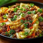 Healthy Chinese ground beef stir fry with cabbage served in a bowl