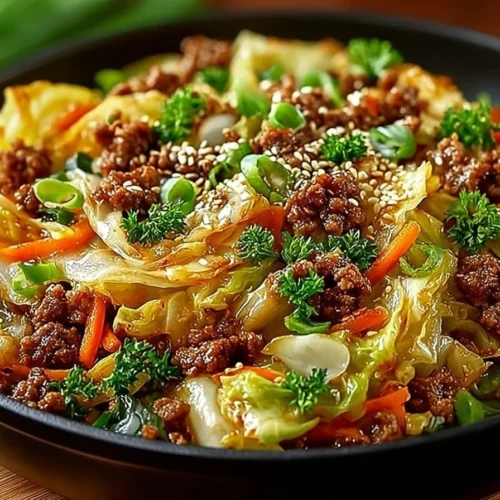 Healthy Chinese ground beef stir fry with cabbage served in a bowl