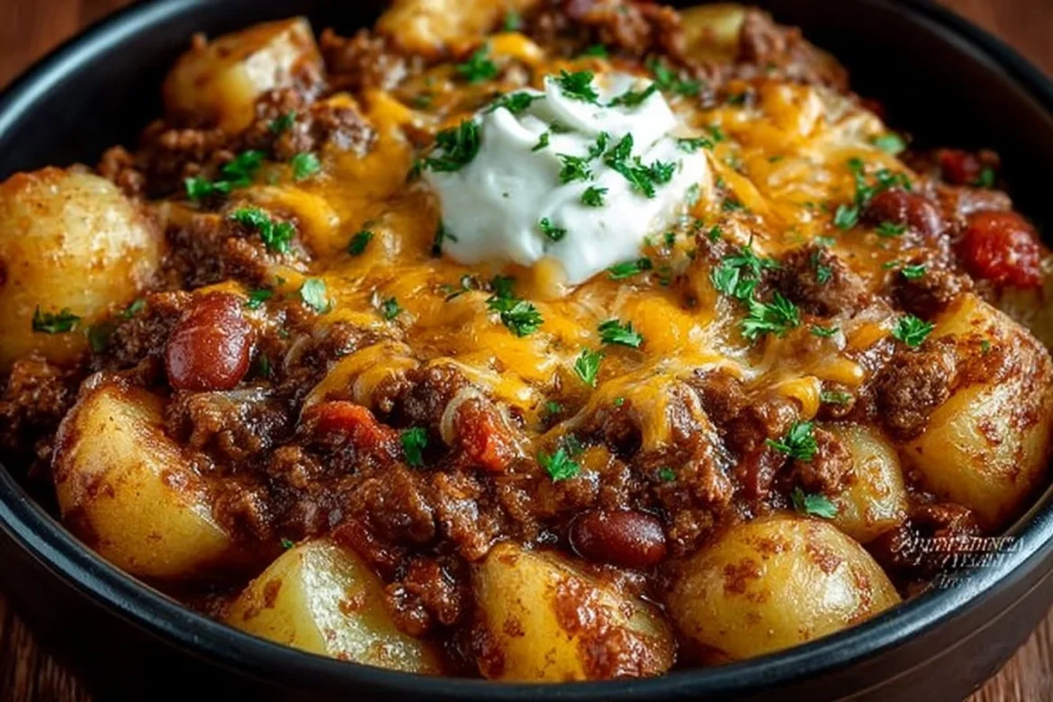 Hearty slow cooker cowboy casserole served in a bowl
