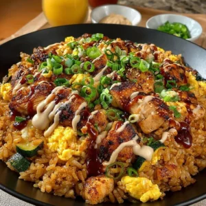 Hibachi chicken fried rice with vegetables and soy sauce in a bowl
