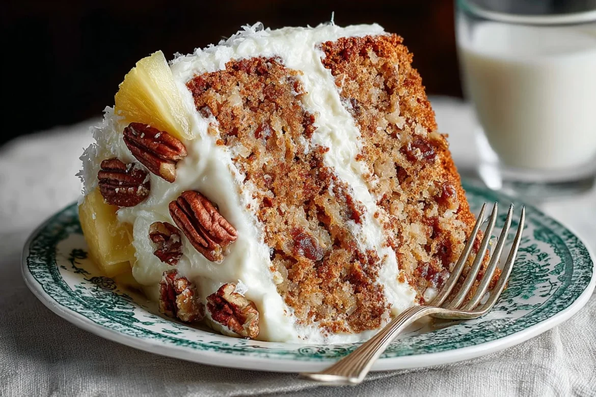 Delicious hummingbird cake with banana, pineapple, and cream cheese frosting