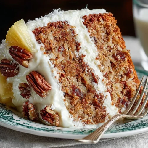 Delicious hummingbird cake with banana, pineapple, and cream cheese frosting