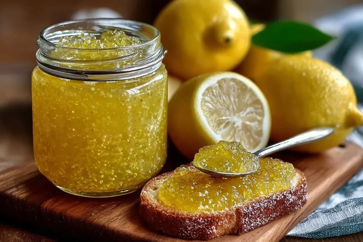 Jar of homemade Italian lemon jam with fresh lemons