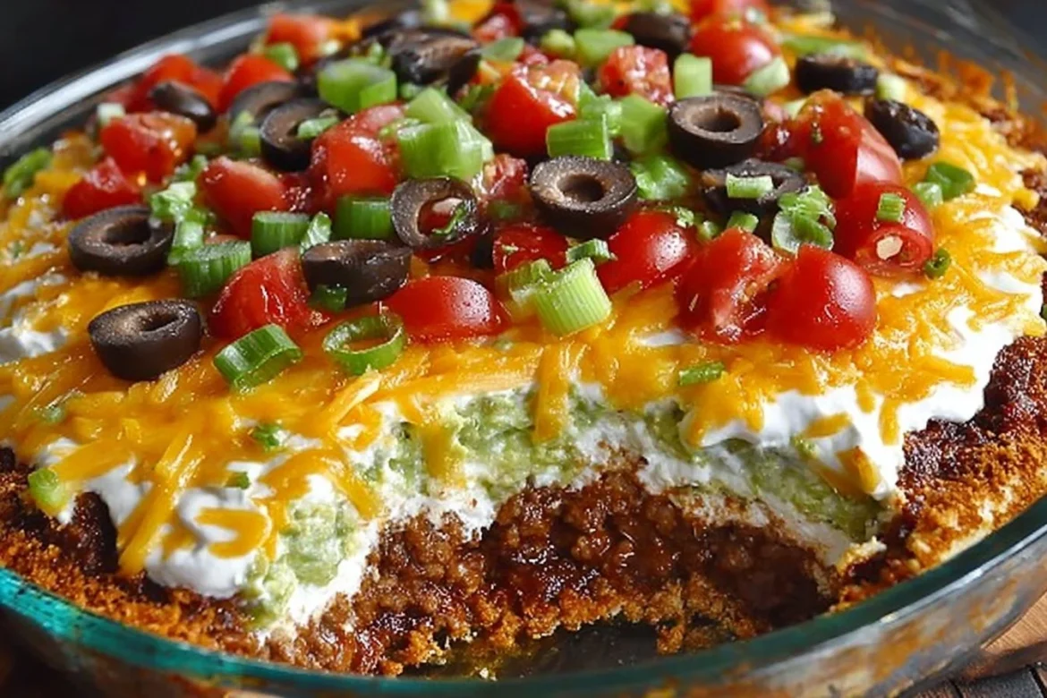 Delicious layered taco dip served in a colorful dish.