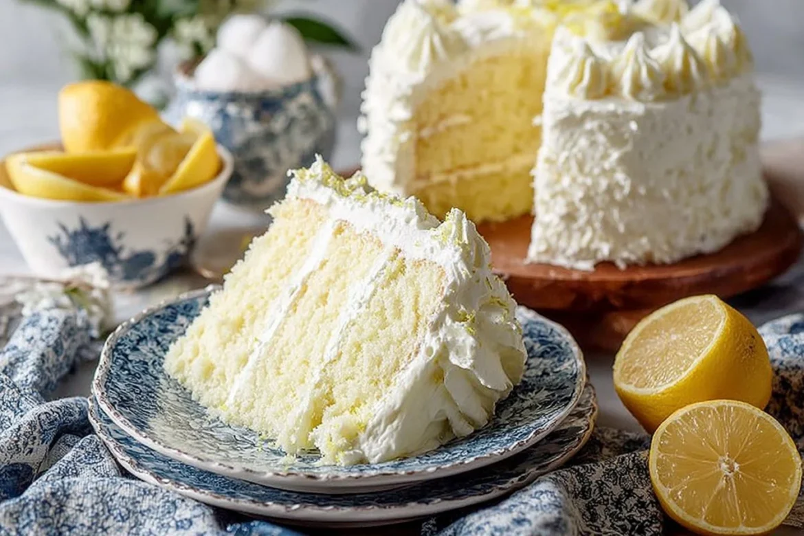 Slice of moist Lemon Cream Cake topped with fresh lemon zest and cream