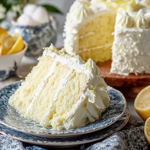 Slice of moist Lemon Cream Cake topped with fresh lemon zest and cream