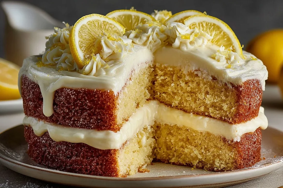 Sliced lemon layer cake with cream cheese frosting on a white plate