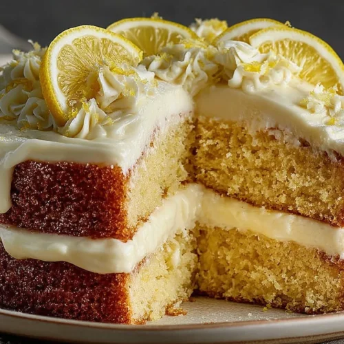 Sliced lemon layer cake with cream cheese frosting on a white plate