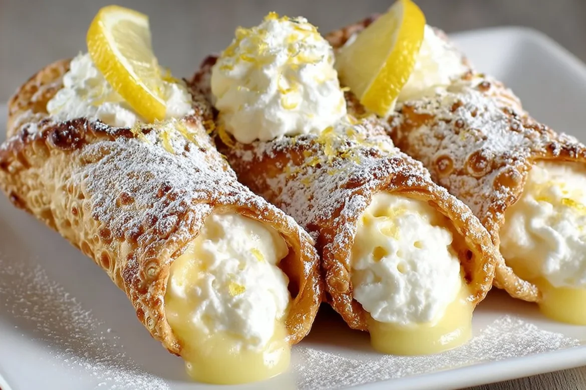 Delicious Lemon Meringue Pie Cannoli filled with zesty lemon cream and topped with meringue.