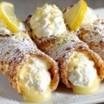 Delicious Lemon Meringue Pie Cannoli filled with zesty lemon cream and topped with meringue.