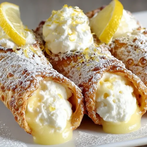 Delicious Lemon Meringue Pie Cannoli filled with zesty lemon cream and topped with meringue.