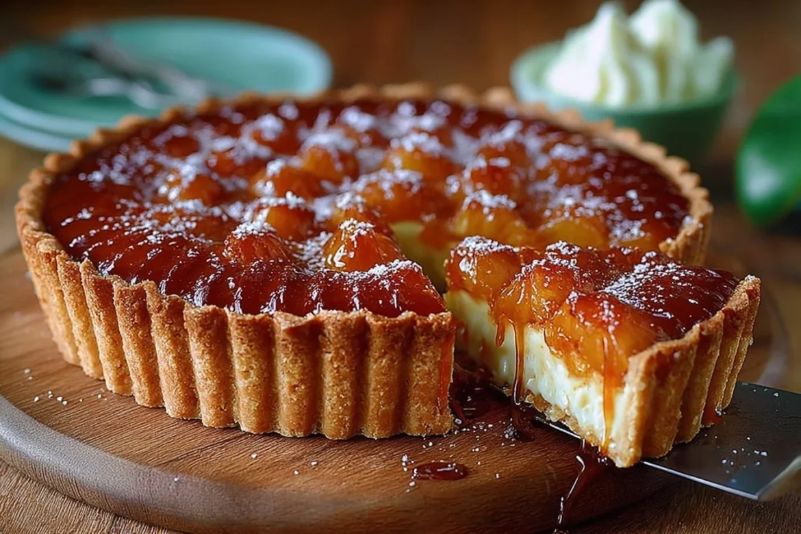 Delicious Lizzie's Caramelised Pineapple Tart topped with caramelized pineapple slices.