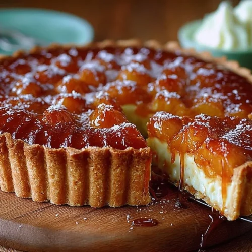 Delicious Lizzie's Caramelised Pineapple Tart topped with caramelized pineapple slices.