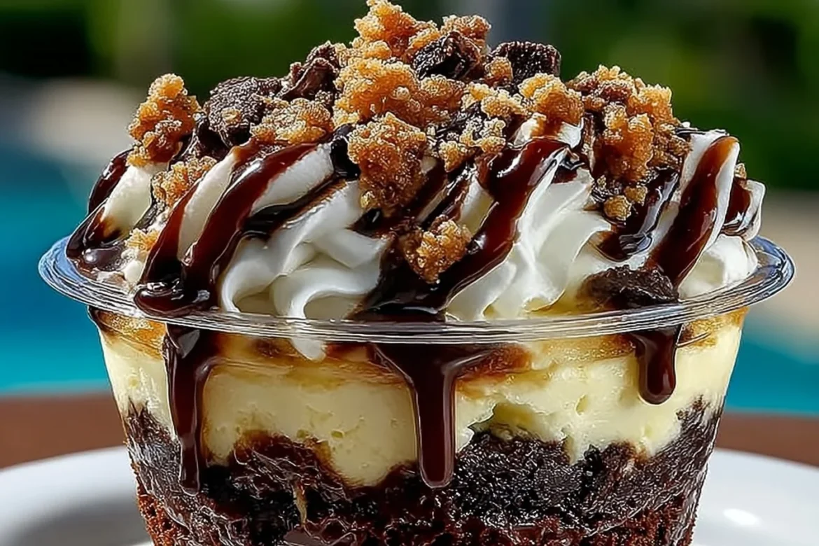 Loaded Brownie Cheesecake Cup with rich chocolate and creamy cheesecake layers
