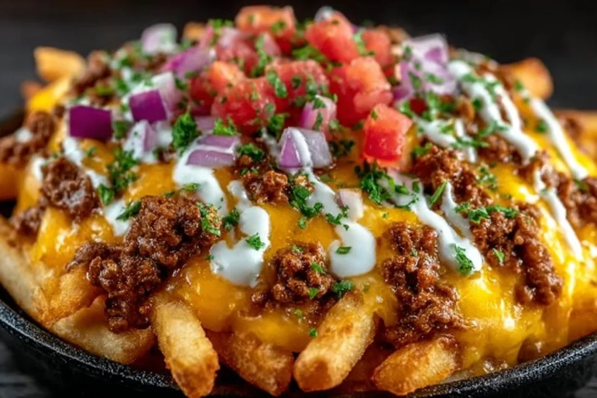 Loaded Cheese Beef Fries with gooey cheese and savory beef toppings