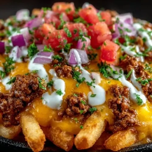 Loaded Cheese Beef Fries with gooey cheese and savory beef toppings