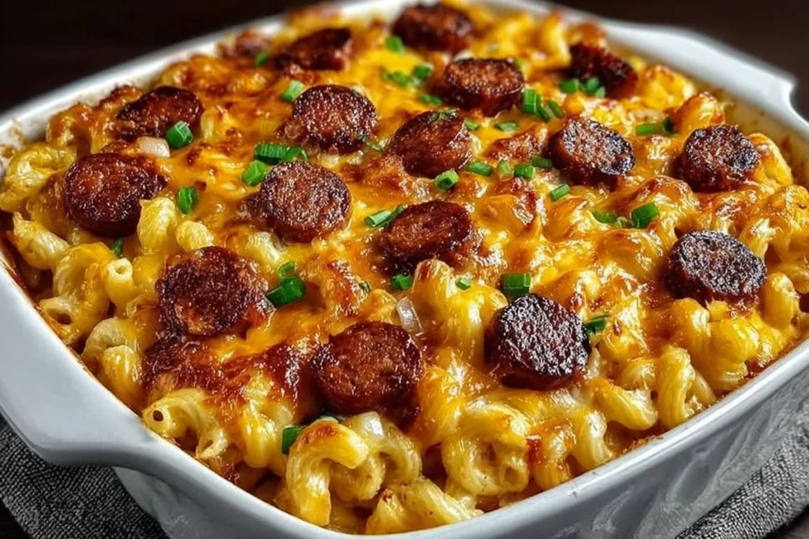 Delicious Loaded Chili Cheese Dog Pasta Bake topped with cheese and chili
