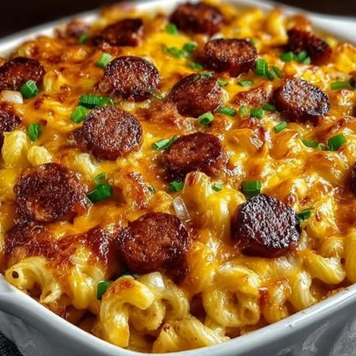 Delicious Loaded Chili Cheese Dog Pasta Bake topped with cheese and chili