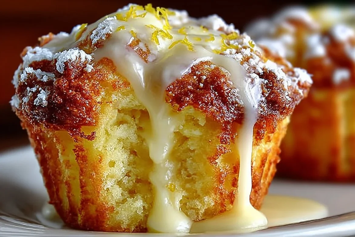Delicious lemon cream cheese muffins on a wooden table