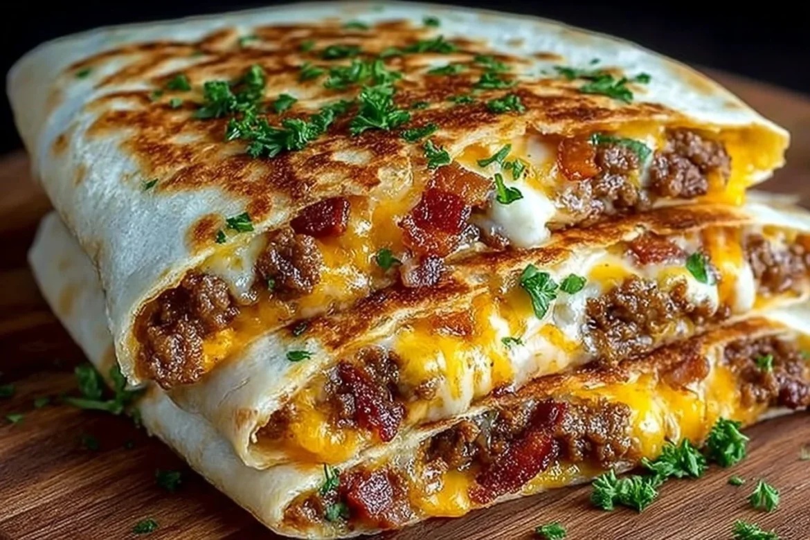 Maple Bacon Cheeseburger Quesadillas served on a plate with toppings