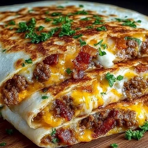 Maple Bacon Cheeseburger Quesadillas served on a plate with toppings