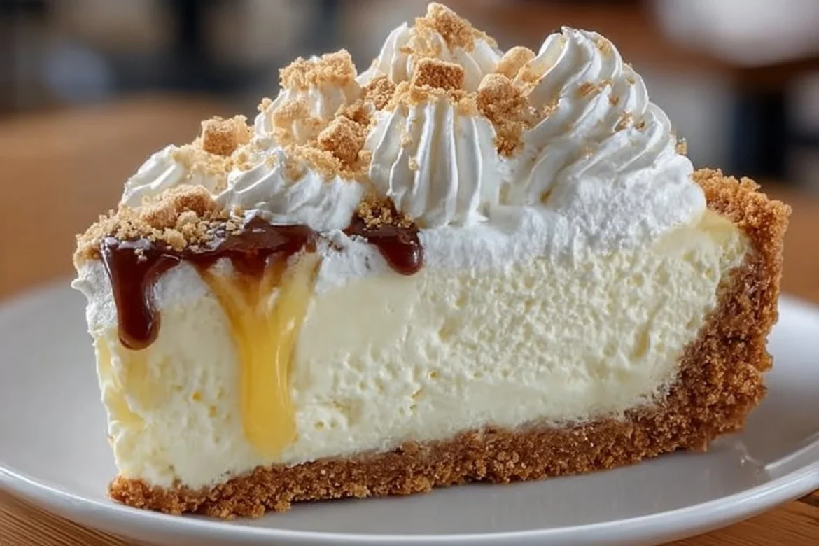 Delicious marshmallow whip cheesecake, topped with whipped cream and chocolate drizzle.