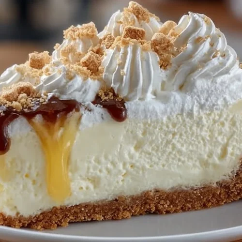 Delicious marshmallow whip cheesecake, topped with whipped cream and chocolate drizzle.