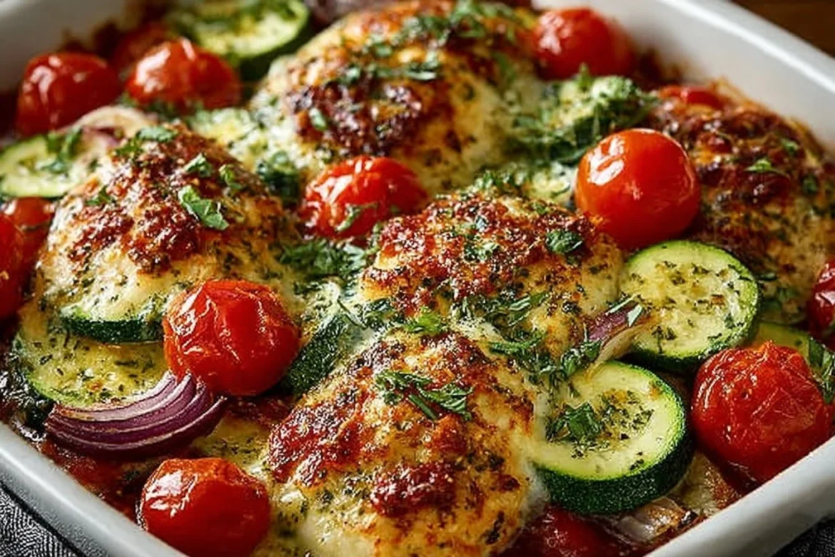 Mediterranean Chicken Zucchini Bake with veggies for a healthy dinner
