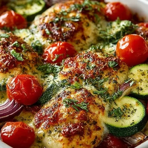 Mediterranean Chicken Zucchini Bake with veggies for a healthy dinner