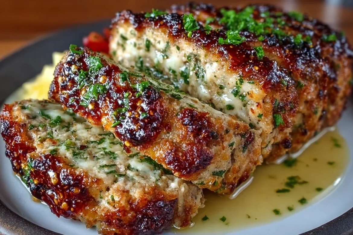 Delicious Garlic Parmesan Chicken Meatloaf cooked to perfection