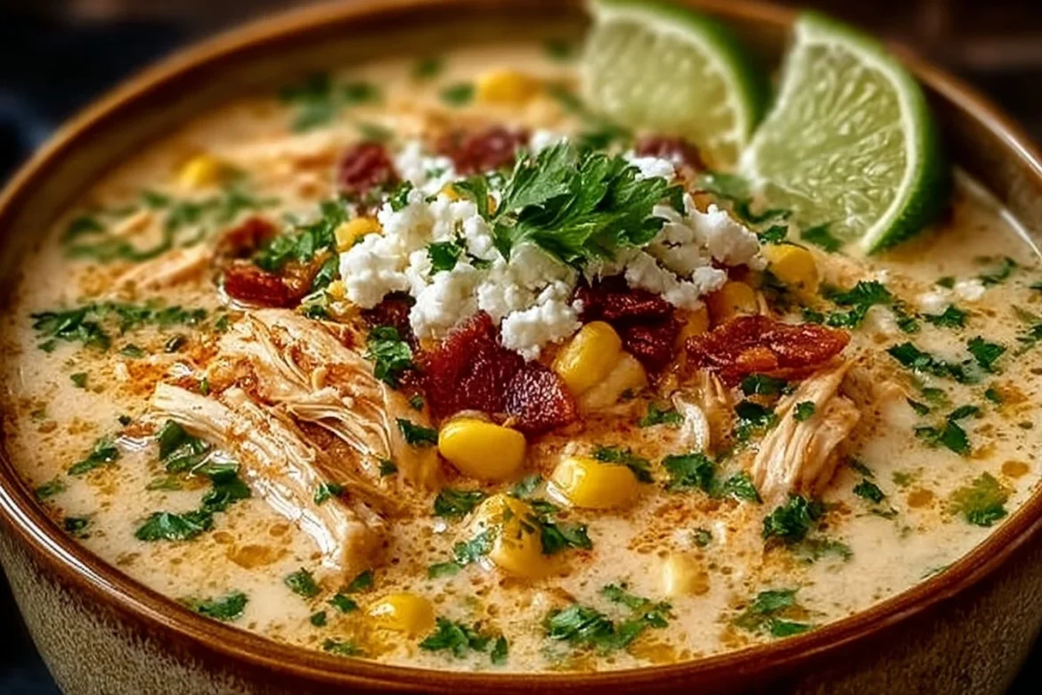 Delicious Mexican Street Corn White Chicken Chili with vibrant colors and flavors.