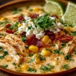 Delicious Mexican Street Corn White Chicken Chili with vibrant colors and flavors.