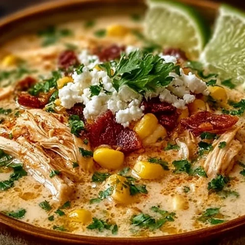 Delicious Mexican Street Corn White Chicken Chili with vibrant colors and flavors.