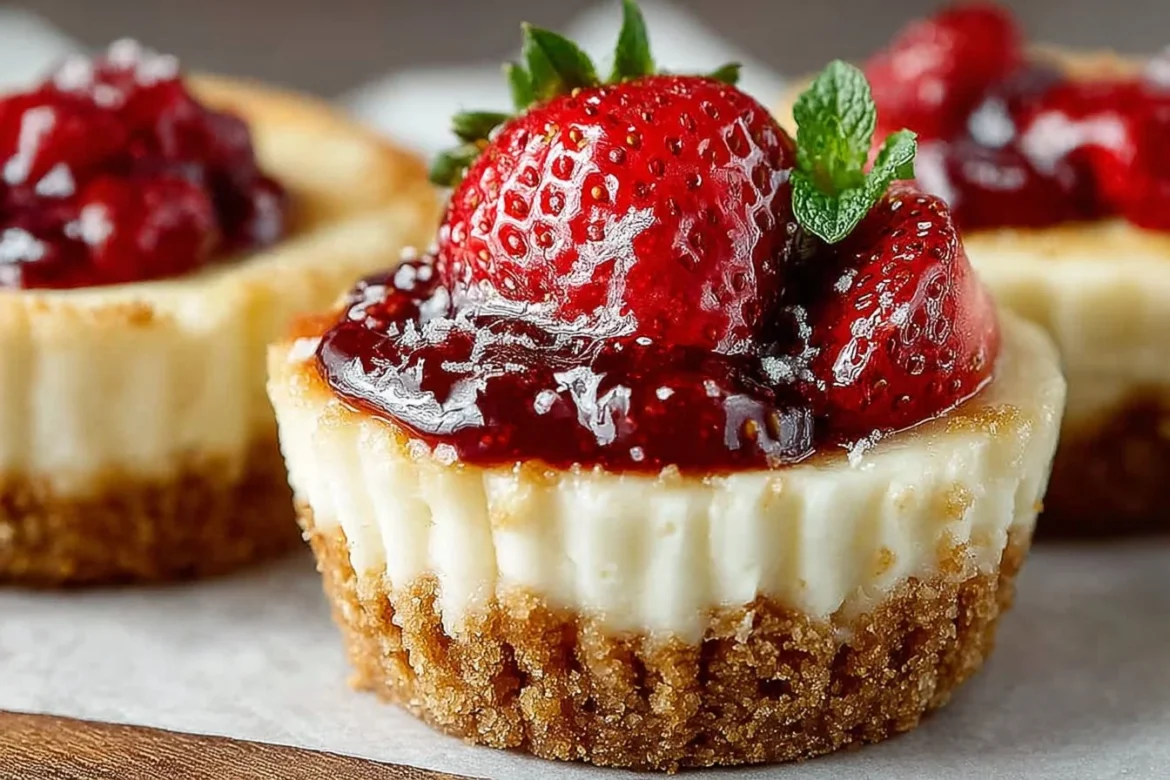 Delicious mini strawberry cheesecake topped with fresh strawberries