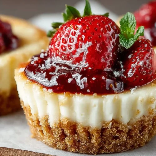 Delicious mini strawberry cheesecake topped with fresh strawberries