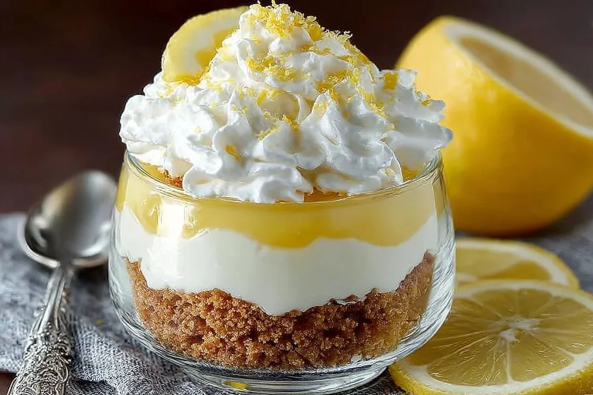 Delicious no bake lemon cheesecake parfaits in serving glasses garnished with lemon zest.